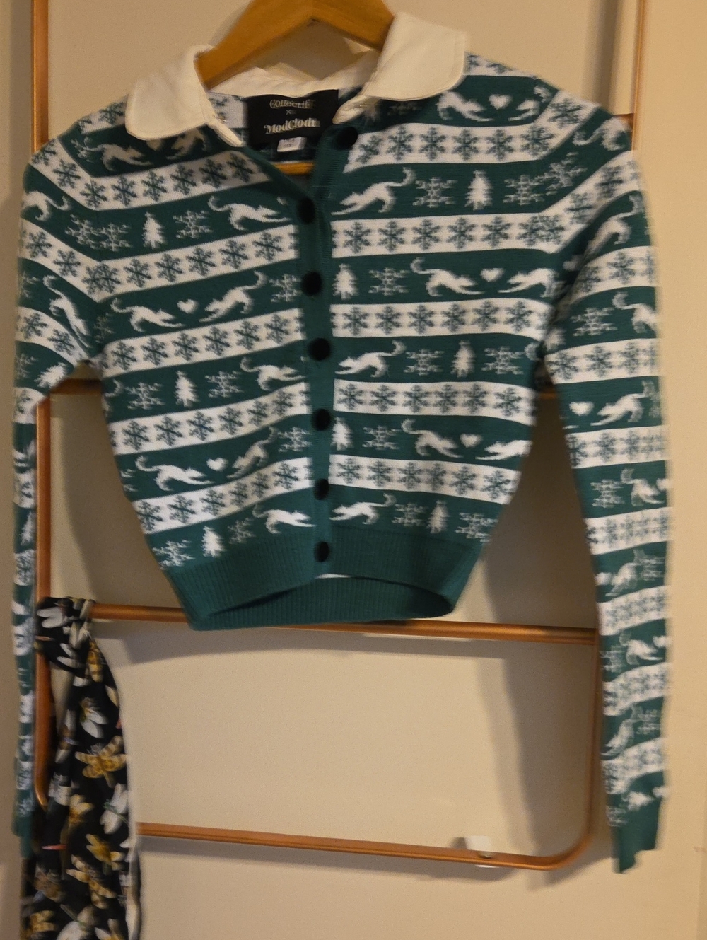 ModCloth X Collectif Green and White Cat Fair Isle Collared Cardigan